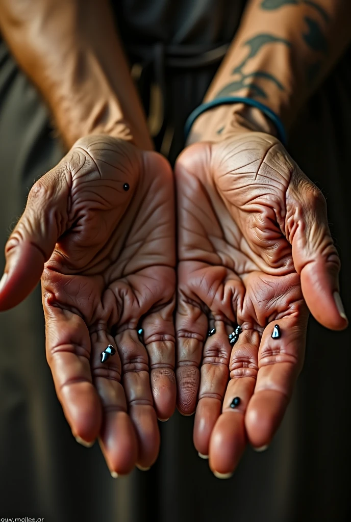 Cinematic, masterpiece, UHD, Close-up of Hands with nail holes in the middle