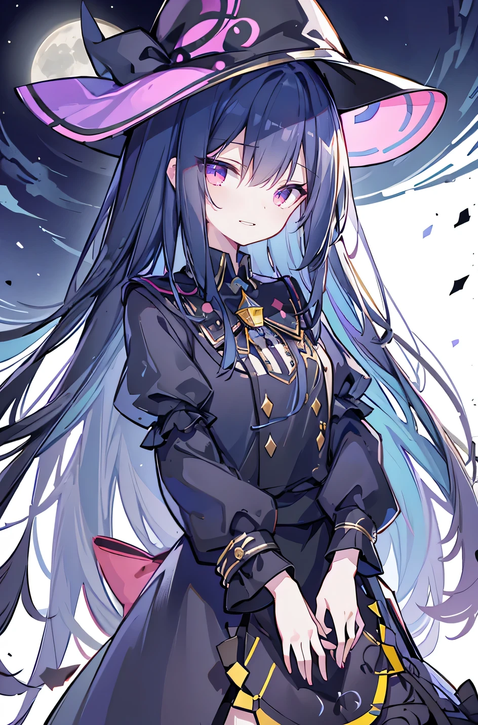 oung Girls,Humanity,A magician always smiles,big witch hat,cute,dark blue long hair,The eyes are dull,The bangs are heavy,Thin eyebrows,fantasy,intake,Double teeth,Star Theme,Constellation pattern,Solid color clothetal decoration,cloak,A bit of a dark atmosphere,A little crazy smile,When the big moon shines outside at night,blood,Hair black star embellishment,Short tie,No nails,High waist skirt,Bell sleeves,Long-sleeved shirt,Black tie,low risk,gentlemen。Mist、Yellow and white effect,Shocking pink as an accent color