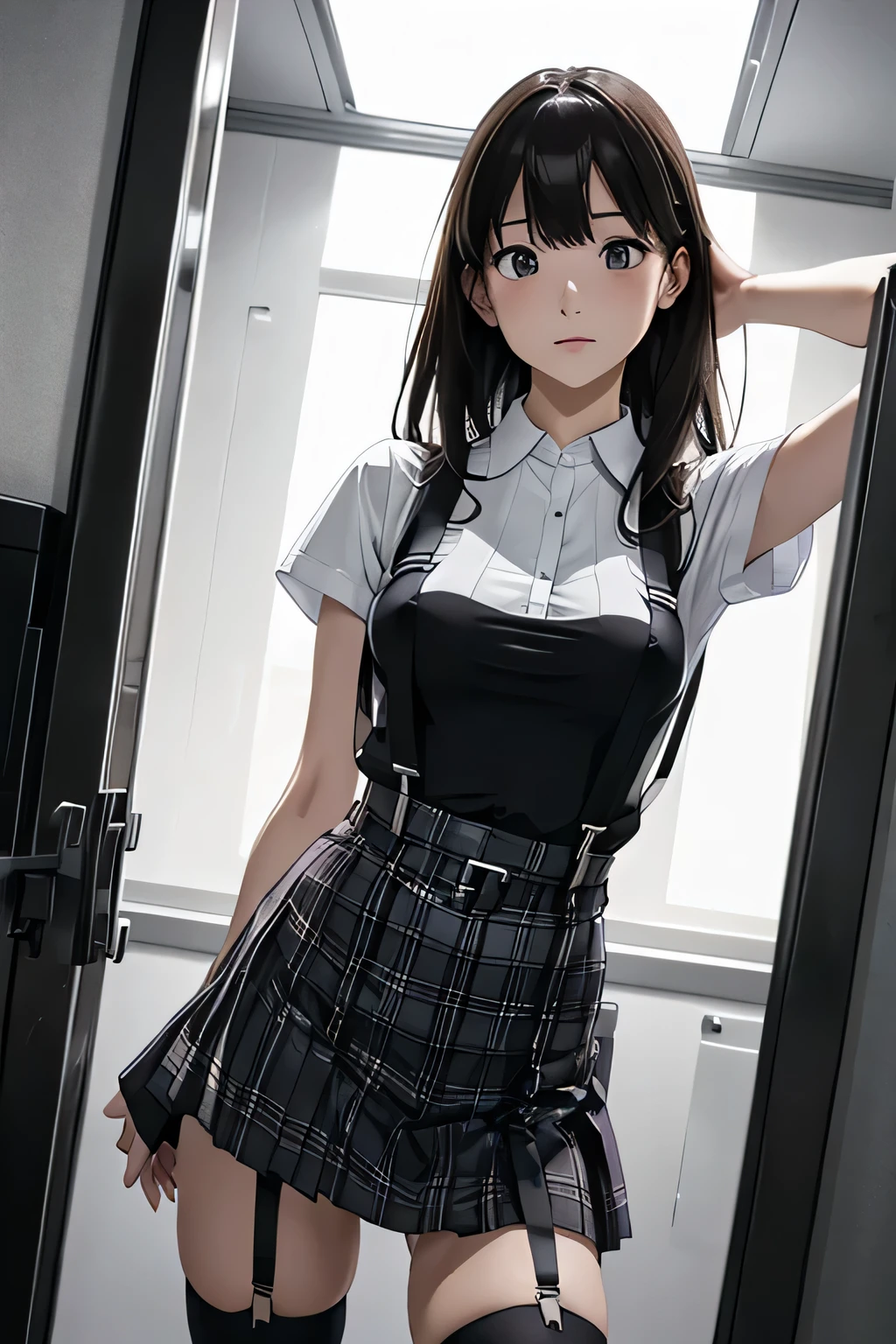 1 female, , high quality, masterpiece, Ultra-high resolution, Cinema Lighting, 1 female, , high quality, masterpiece, Ultra-high resolution, , Cinema Lighting, suspenders Moderate breasts Small face Looking up Sweat Thin belt buzzer 脇Sweat garter belt Belt on pants holster Hands behind your back Looking up Anxious face Knee-high Knee socks Knee-highソックス garter ふとももにgarter belt Checkered mini skirt Panty shot Skirt gap Armament holster holster Hands behind your back Anxious expression Anxious face, legs apart Armament Leg Holster holster See-through clothing heavy rain Rain-soaked dress shirt,Moderate breasts ガーターbelt suspenders Garter on the thigh Checkered mini skirt Looking up Pause belt Armpit sweat Hands behind back Raise your hands