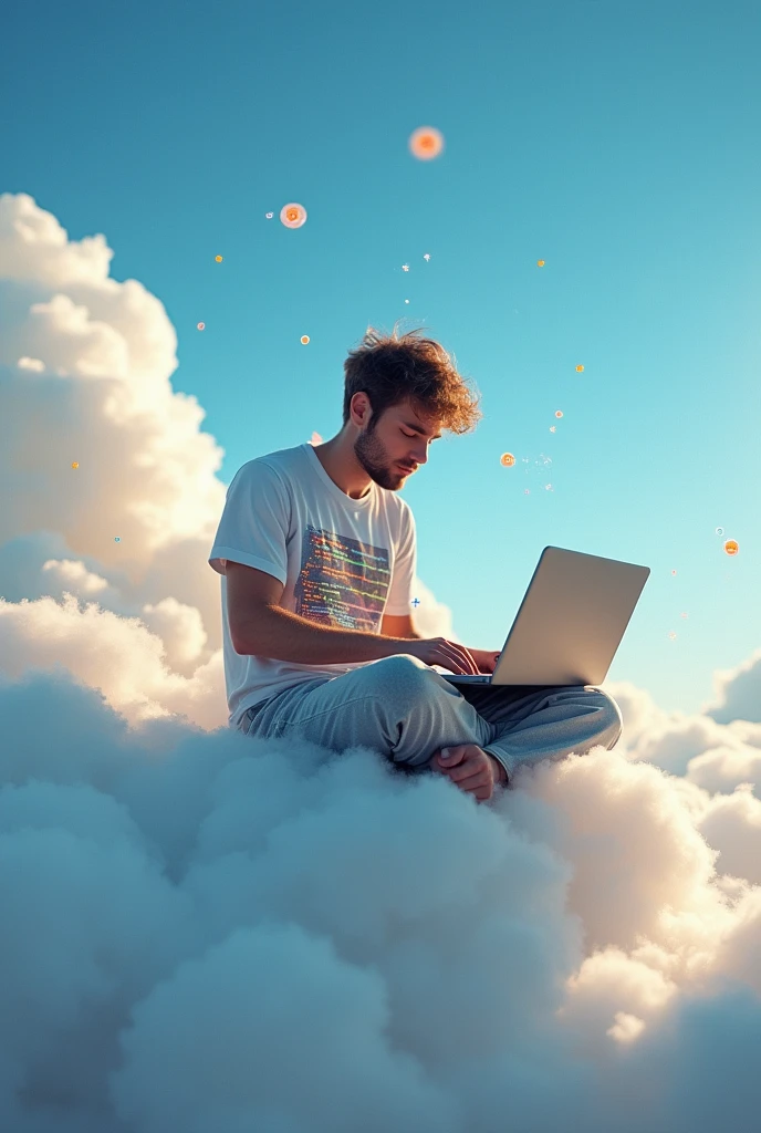 a programmer sitting on a cloud has a laptop in front of him
