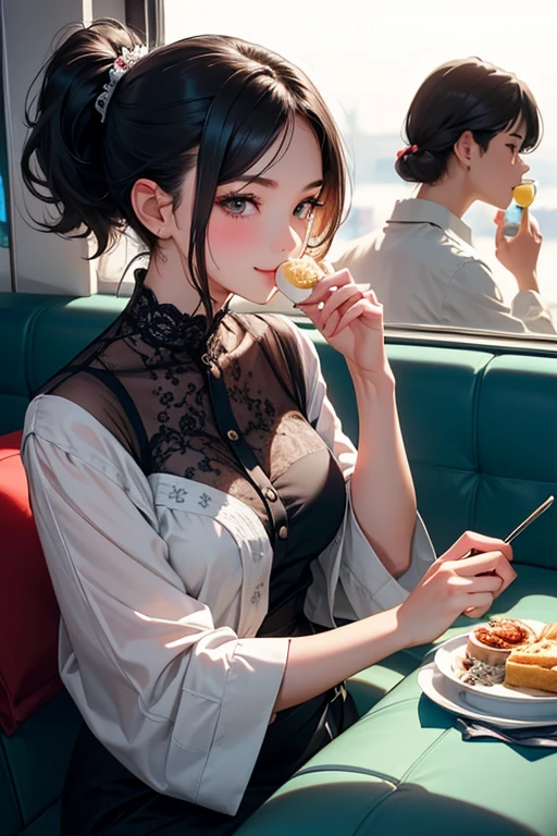 highest quality、High resolution、Detailed Background、(Beautiful face in every detail:1.4)、Teenage beauty、Highly detailed face、Cute hair colour、ponytail、Bobcut、Cute hairstyle、well-groomed eyebrows、Cute gestures、Inside the sleeper train、Train Travel、Innocent smile、Fit on one screen、
Girls exploring the lobby and dining car、Sit down on a comfortable sofa、While eating sweets、They are having a lively and fun conversation.、The way she listens to the announcements on the train is adorable too.、
Orient Express、A traditional sleeper train running from east to west across Europe、Elegant interior decoration and high-quality service