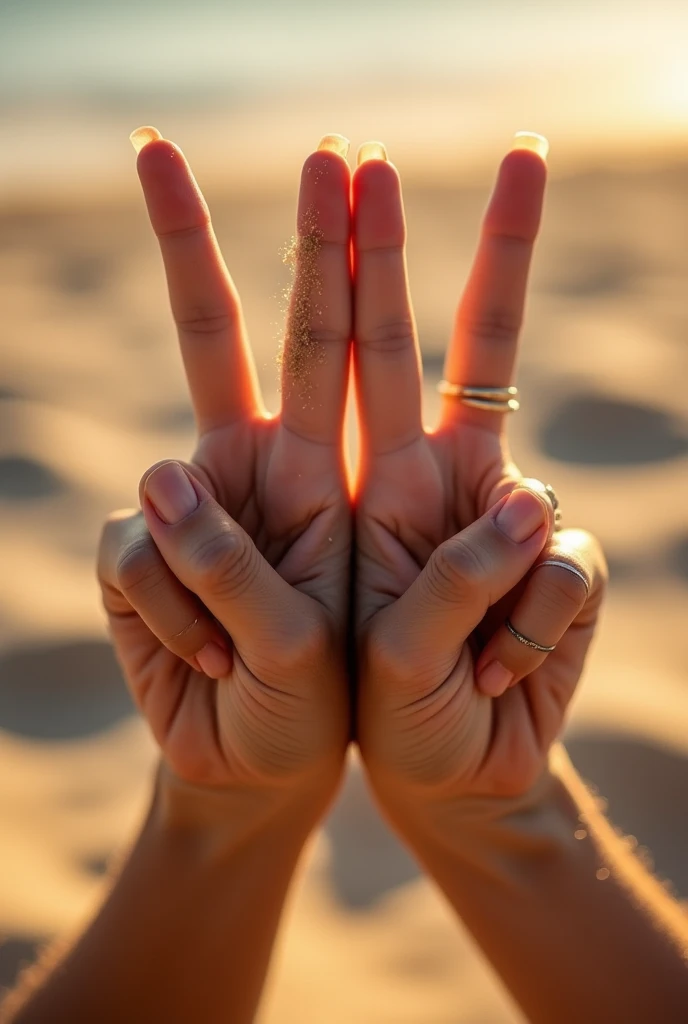 Close-up of two hands showing a peace sand
