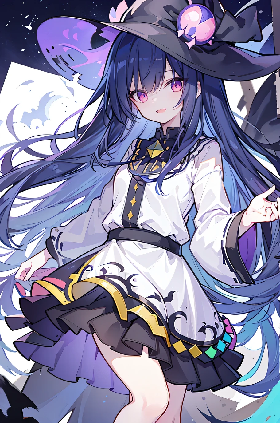 oung Girls,Humanity,A magician always smiles,big witch hat,cute,dark blue long hair,The eyes are dull,The bangs are heavy,Thin eyebrows,fantasy,intake,Double teeth,Star Theme,Constellation pattern,Solid color clothetal decoration,cloak,A bit of a dark atmosphere,A little crazy smile,When the big moon shines outside at night,blood,Hair black star embellishment,Short tie,No nails,High waist skirt,Bell sleeves,Long-sleeved shirt,Black tie,low risk,gentlemen。Mist、Yellow and white effect，Shocking pink as an accent color