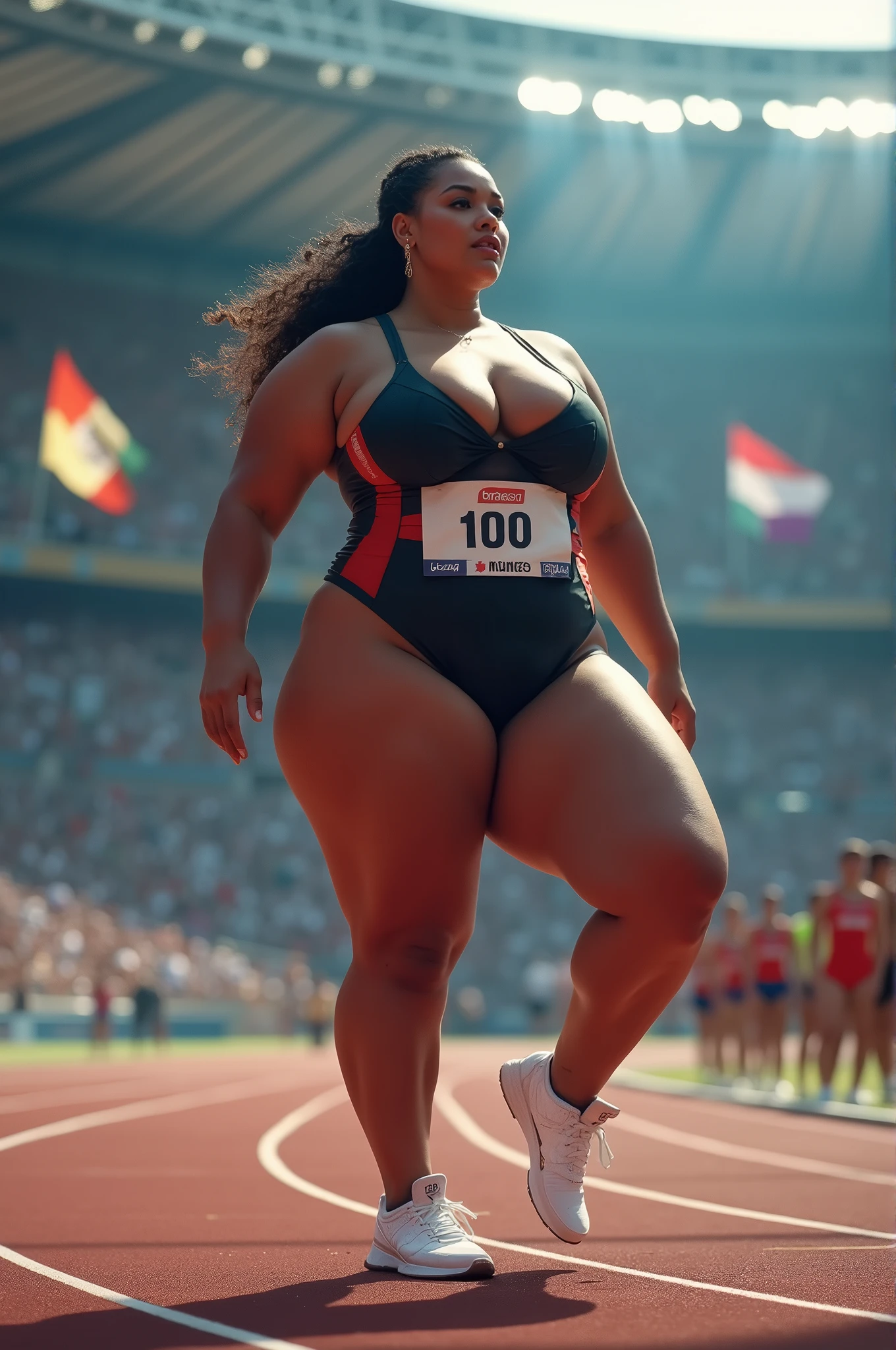 Olympic athlete,fat female Olympic 100 meter race,with a large breasts, big breasts!, thicc,alluring plus sized model, voluptuous body