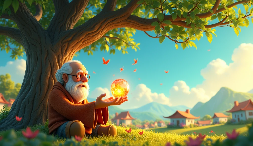 Pic and 3D animation style:The old man talking to मनीष, explaining the importance of the gemstone and the knowledge he has gained, with the tree and village in the background.
