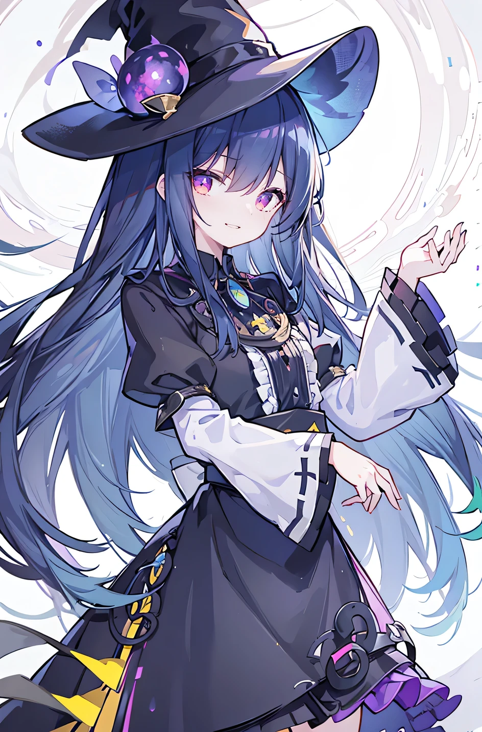 oung Girls,Humanity,A magician always smiles,big witch hat,cute,dark blue long hair,The eyes are dull,The bangs are heavy,Thin eyebrows,fantasy,intake,Double teeth,Star Theme,Constellation pattern,Solid color clothetal decoration,cloak,A bit of a dark atmosphere,A little crazy smile,When the big moon shines outside at night,blood,Hair black star embellishment,Short tie,No nails,High waist skirt,Bell sleeves,Long-sleeved shirt,Black tie,low risk,gentlemen。Mist、Yellow and white effect,Shocking pink as an accent color
