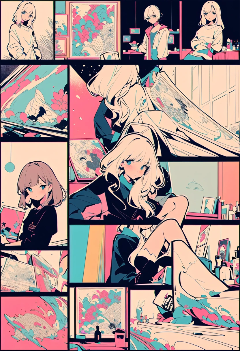 (masterpiece, best quality,ultra highres),flat color,(messy collage art),(british beauty, blonde,display, impact response, liquid),nostalgic melancholic artwork,lofi girl, inspired by Victo Ngai cmyk palette, contemporary artistic collage,