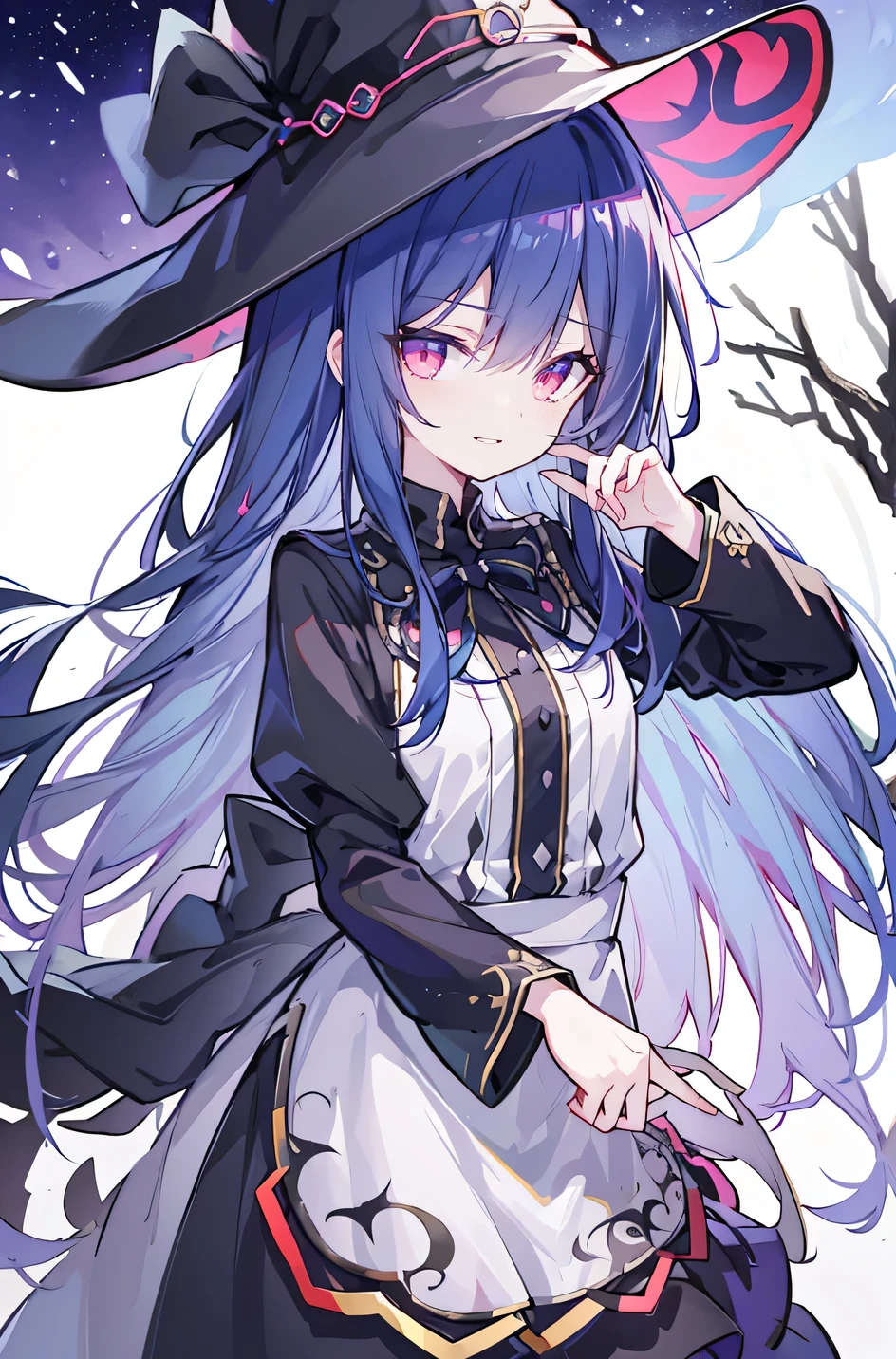 oung Girls,Humanity,A magician always smiles,big witch hat,cute,dark blue long hair,The eyes are dull,The bangs are heavy,Thin eyebrows,fantasy,intake,Double teeth,Star Theme,Constellation pattern,Solid color clothetal decoration,cloak,A bit of a dark atmosphere,A little crazy smile,When the big moon shines outside at night,blood,Hair black star embellishment,Short tie,No nails,High waist skirt,Bell sleeves,Long-sleeved shirt,Black tie,low risk,gentlemen。Mist、Yellow and white effect,Shocking pink as an accent color