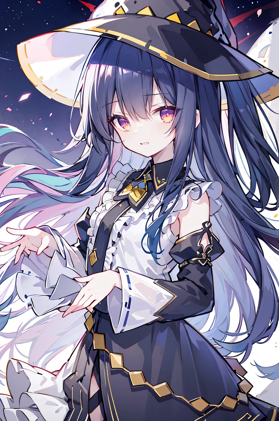 oung Girls,Humanity,A magician always smiles,big witch hat,cute,dark blue long hair,The eyes are dull,The bangs are heavy,Thin eyebrows,fantasy,intake,Double teeth,Star Theme,Constellation pattern,Solid color clothetal decoration,cloak,A bit of a dark atmosphere,A little crazy smile,When the big moon shines outside at night,blood,Hair black star embellishment,Short tie,No nails,High waist skirt,Bell sleeves,Long-sleeved shirt,Black tie,low risk,gentlemen。Mist、Yellow and white effect,Shocking pink as an accent color