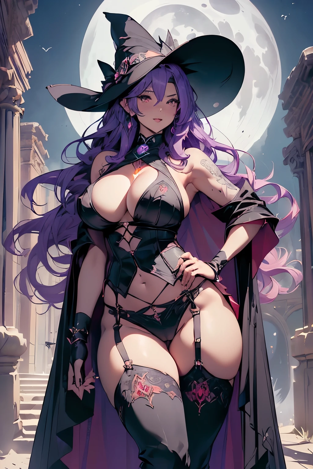 Magical staff、Giant Crystal、energy、High quality, Ultra detailed, best quality, insanely detailed, beautiful, masterpiece、((((Huge magical effects、Abundant light、魔法energyに覆われている、Tattoo that glows red)、(紫色の巨大な水晶がある巨大なMagical staffを握る))))、(Purple hair with waves、Witch Hat)、(Slut、Bitch、Prostitute)、(Huge breasts、Underboob、Sideboob、See-through sexy lingerie)、(Huge tattoo that glows on the crotch、Camel toe)、(Wide Hips、Thick thighs、glamorous、curve、NSFW、Revealing outfit)、(Black garter belt、Black long boots、Black Gloves、See-through cape)、((Giant Moon:1.5)、ancient ruins)