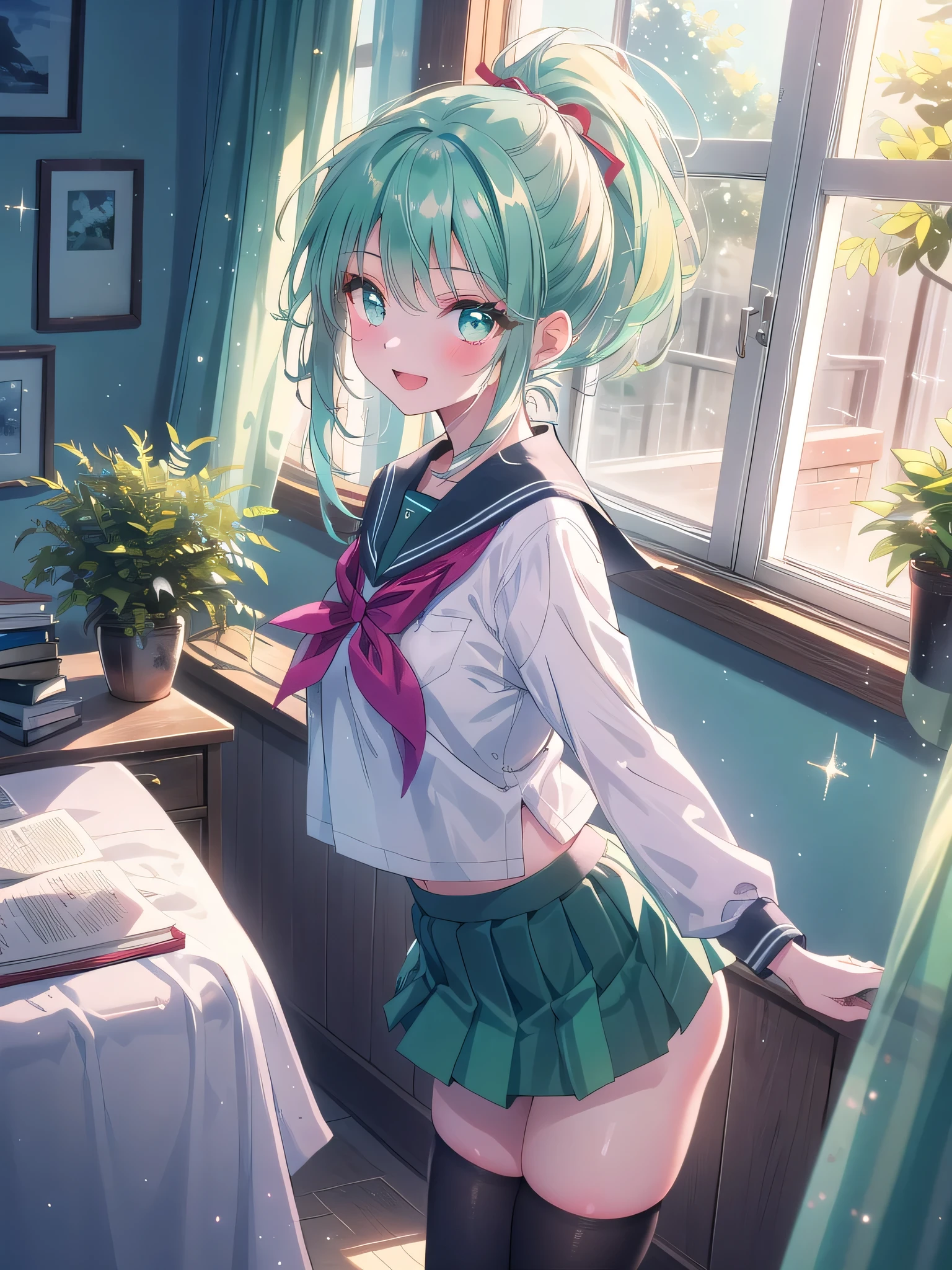 ((8k, Highest quality, masterpiece: 1.3)),Ultra-high resolution,(1 girl, alone), (Color changing eyes, Ultra-detailed, Expressive brilliance, Glitter, Glowing Eyes), Highly detailed eyes, Highly detailed face, Random Hair, ((pastel colour)),A joyful young woman with pastel mint-green hair styled into a high ponytail, standing by her window in her brightly lit bedroom during a sunny afternoon. She is dressed in a cute yet subtly sexy sailor uniform cosplay, wearing a pleated skirt, a sailor collar top, and knee-high socks. The camera captures her from a side angle as she looks out the window with a bright smile, her expression full of excitement and happiness. The room is bathed in warm sunlight, with a small potted plant on the windowsill, a neatly made bed, and a few schoolbooks on the desk, creating a fresh and lively atmosphere,(nsfw:1.3)