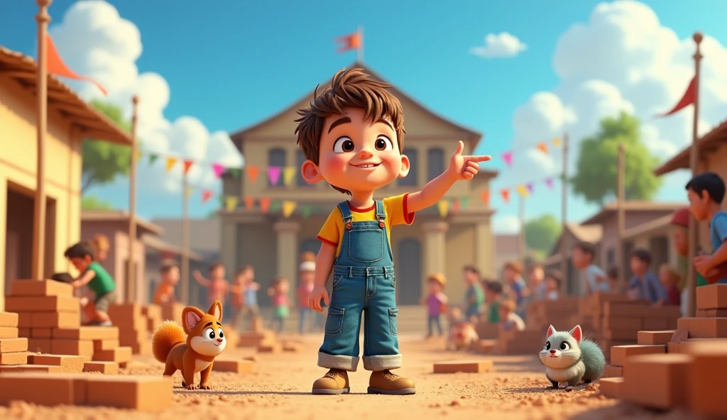 Pic in 3D animation style:Boy overseeing the construction of a library in the village, with villagers helping him. The scene is filled with activity and community spirit.