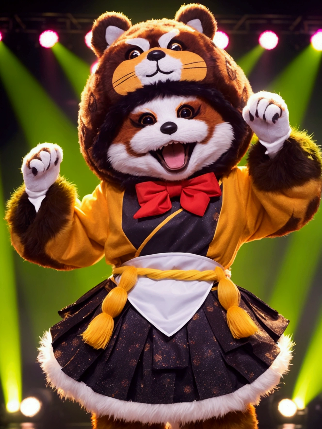1 tanuki mascot costume dancing on stage surrounded, detailed furry tanuki costume, expressive face, wide eyed, adorable, dynamic pose, dancing on stage with bright lights, vibrant colors, highly detailed, 8k, photorealistic, cinematic lighting,