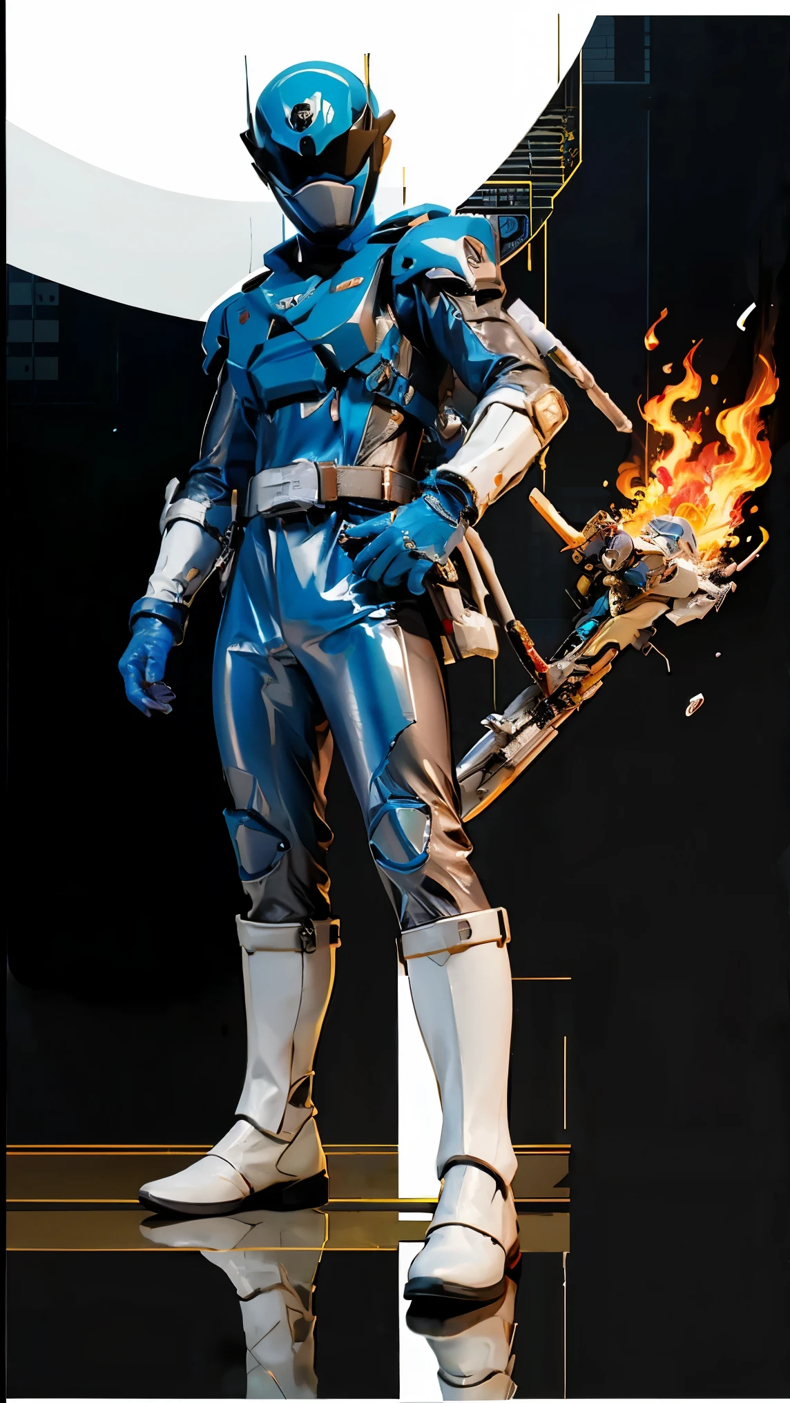 1boy, white, full body, Illustration, cinematic light, high resolution, best quality, ultra detailed, masterpiece, power suit, powerranger, suit, spd, (silver royal guard ranger suit), gold detail, holding white pistol, flowing, light armor,  martial arts, dynamics, flames, particles