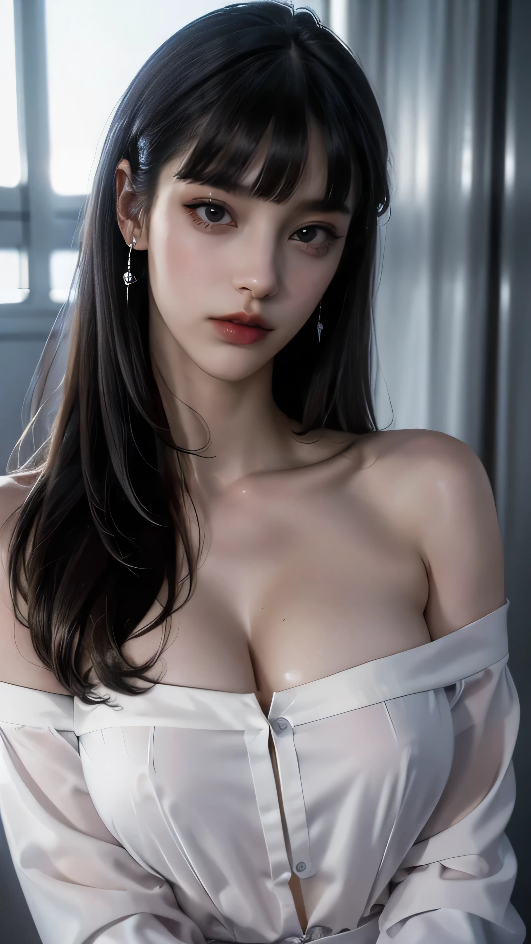 (Girl in a semi-transparent off-shoulder black dress)、、(フォトRealistic:1.4)、(ハイパーRealistic:1.4)、(Realistic:1.3)、(Smooth Lighting:1.05)、(Improving the quality of cinema lighting:0.9)、.32K、One person、20 years old、Realistic Lighting、BackLight、Face Light、Light、(Bright light:1.2)、(Image Quality Enhancement:1.4)、(Realistic skin texture of the highest quality:1.4)、Detailed drawn eyes、Face drawn in detail、(Big Blue Eyes)、Face close-up、A shirt that shows a large cleavage、(Accentuates body lines:1.1)、(Beautiful and smooth skin:1.1)