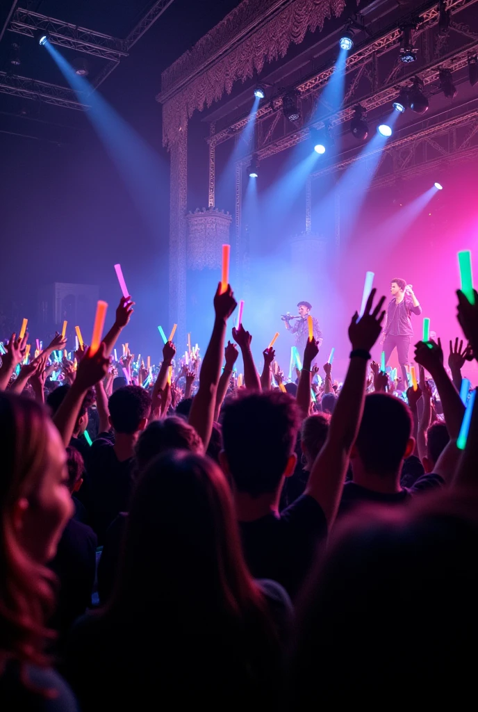 Live venue, many fans waving glow sticks