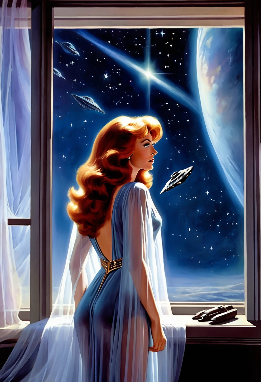 Beverly Crusher (entranced, sheer night gown, no underwear) is sleep walking, looking longingly out the star ship windows. Ethereal cosmic beauty outside window