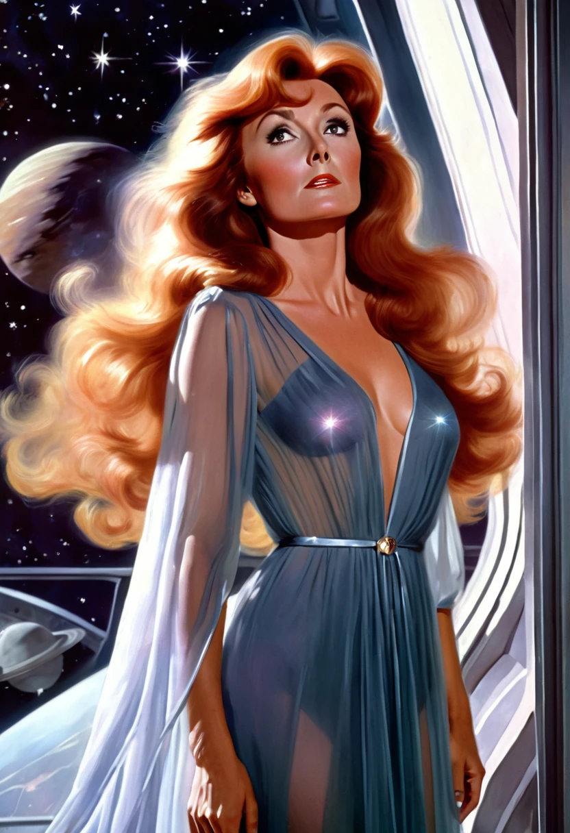 Beverly Crusher (entranced, sheer night gown, no underwear) is sleep walking, looking longingly out the star ship windows. Ethereal cosmic beauty outside window