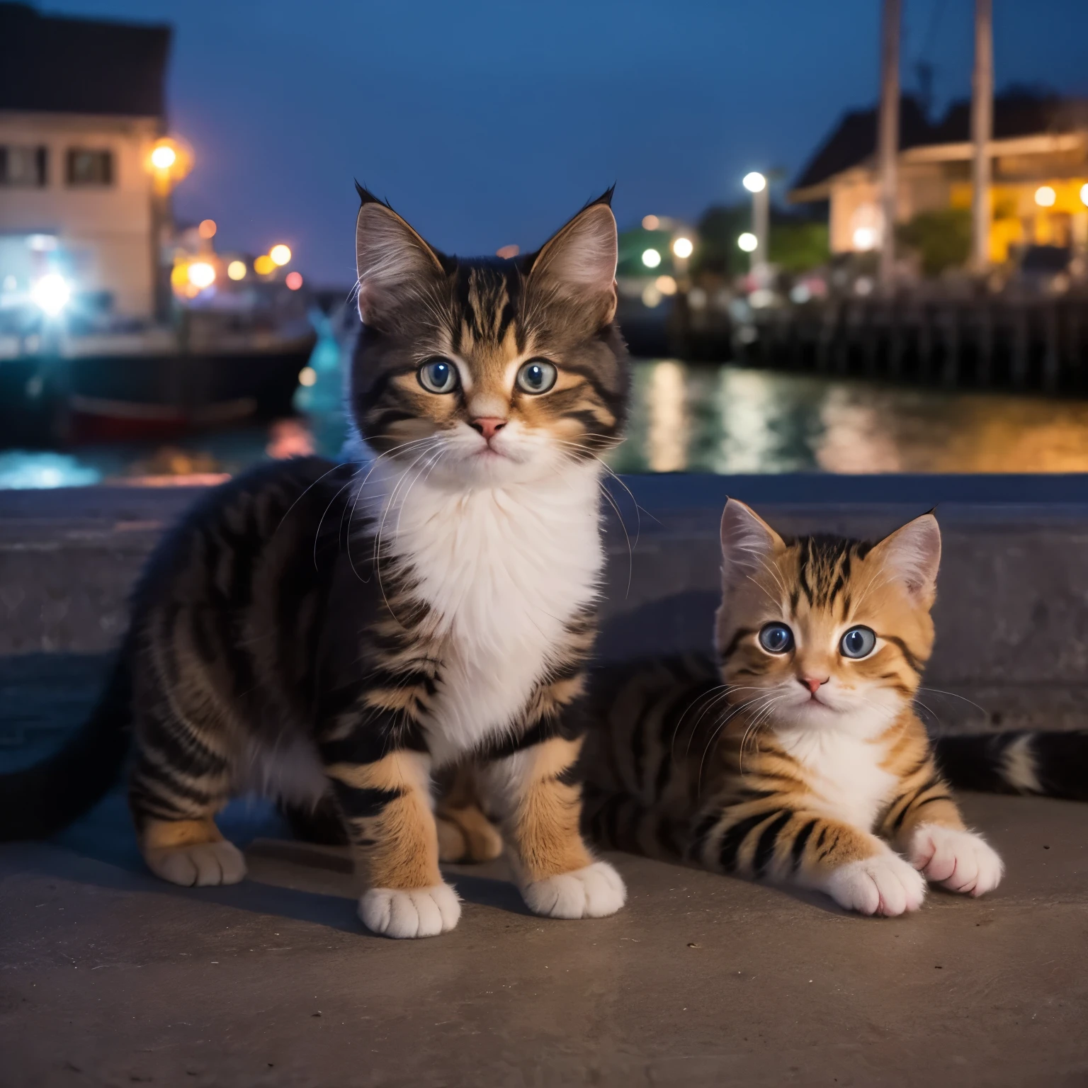 A large group of kittens at the night harbor