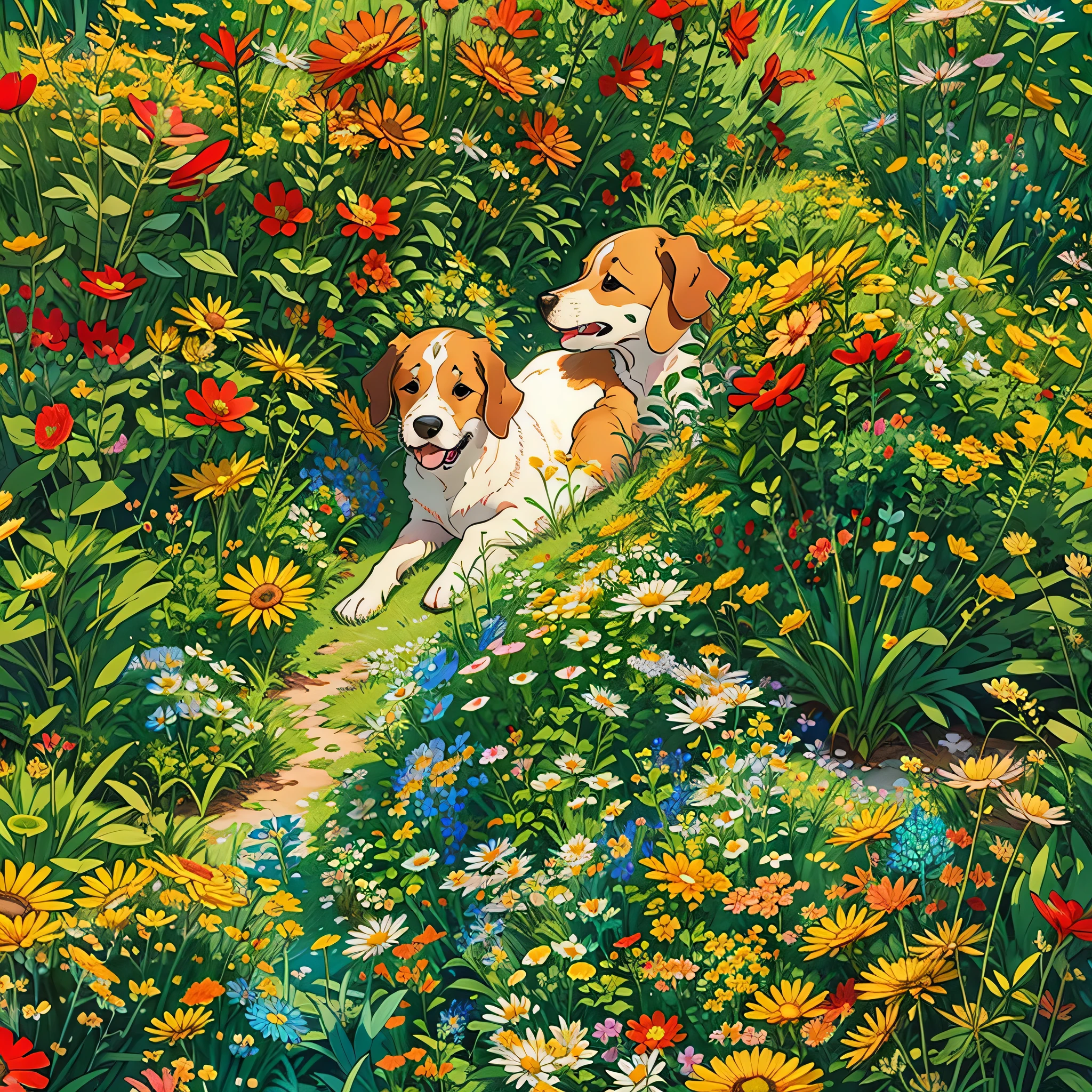 there is a dog that is laying in the grass with flowers, sitting in a field of flowers, in a field of flowers, in a field with flowers, lying on a bed of daisies, covered in flowers, jack russel terrier, daisies and poppies, girl in a bed of flowers, flower child, jack russel dog, lots of flowers, full of flowersHD, (Best Detail), (Best Quality), (Illustration), (((Flowers))), ((Hair Decorating Flowers))), (((Flower Decorating))), Garden, Flowers and Plant Background, Butterfly,