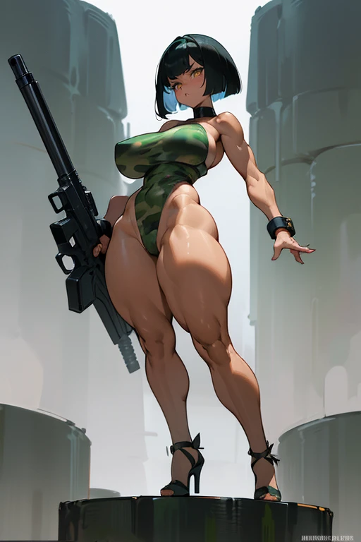  thick hips,  thick thighs, platform high heels, high cut leotard, bandeau top, huge breast, thin waist, bob cut hair, weapon, tanned skin, gun, angry look, military camouflage, scream, thick body, fitness,  (( very wide hips)), (((colossal Thighs, gigantic thighs, very huge thighs, very big thighs)))