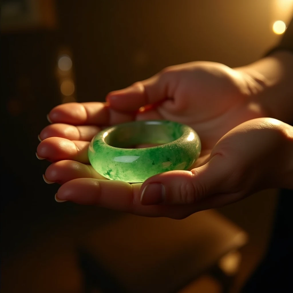 Close-up of Hands, advertising photography, a Hand model filming jewelry advertising in a vintage style studio. golden lights fall on it, creating a luxurious and warm atmosphere. The model wears a jade bracelet, shining dazzlingly under the light. Beautiful cinematic lighting, RAW photo, color graded, dynamic movement, (captivating chiaroscuro:0.1), award-winning, cinematic still, emotional, vignette, dynamic, vivid, (masterpiece, best quality, photorealistic, Professional, perfect composition, very aesthetic, absurdres, ultra-detailed, intricate details:1.3)