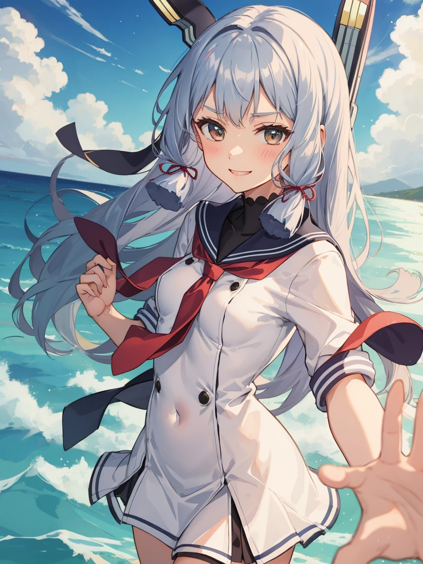 Portrait, official art, best masterpiece, best quality, best resolution, 8K, best detailed, perfect anatomy
BREAK
(Contrapposto), Open Stance, standing, (grab your breasts:1.3)
BREAK
(smile), blush, happy
BREAK
murakumo (kancolle), long hair, dress, sailor dress, amber color eyes, grey hair, red necktie, ribbon, hair ribbon, sailor collar, bangs, sidelocks, white dress, tress ribbon, blue sailor collar, necktie, neckerchief, 1gilr , solo, (small breasts:1.2)
BREAK
(sea, on the sea, sky), dust, dust, light particles, facing to viewer, very fine and detailed 16KCG wallpapersrs