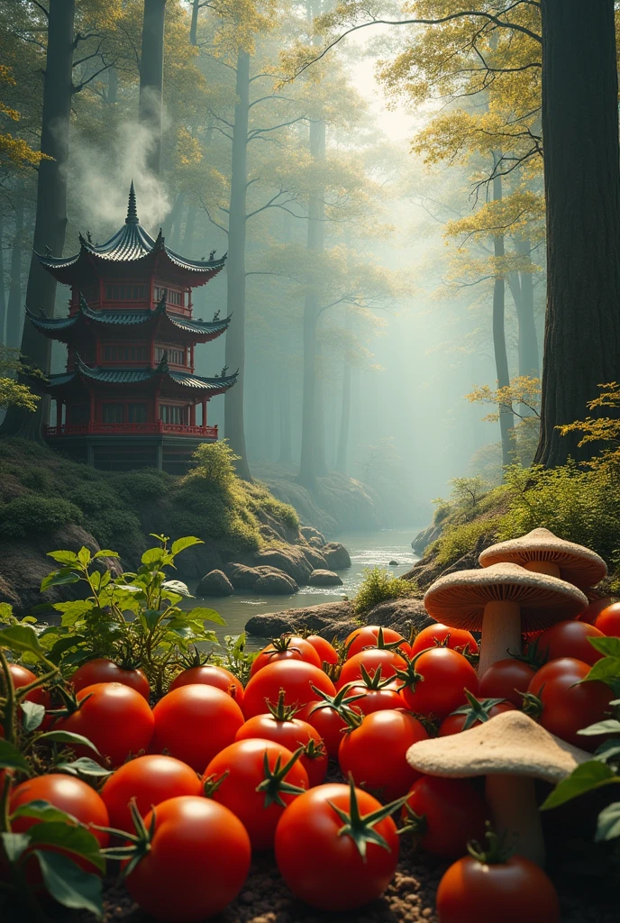 make a picture with good depth of field,the front is vegetable and fruit themed tomatoes and mushrooms,the back is a forest theme,from colorful to European forest feel,include Chinese temple elements in the middle,Add incense and smoke,European forests are slightly darker,Fruits and vegetables account for a smaller proportion,The temple extends further back, with a larger proportion of European forest.,The temple can be on the left.,Don't do symmetrical
