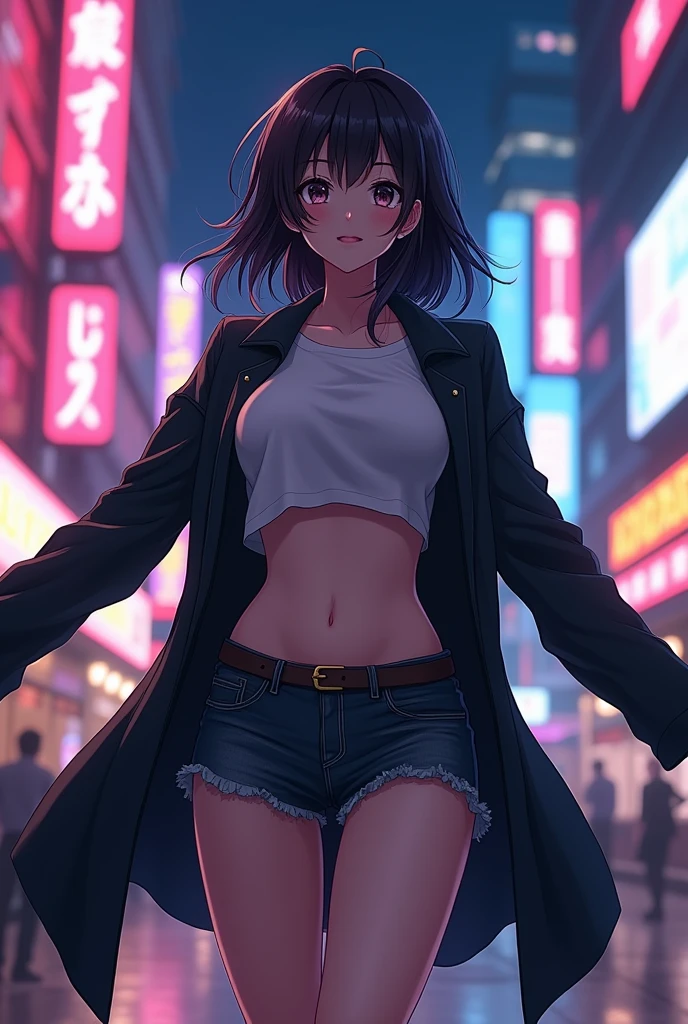 Anime woman opening coat with both arms holding the coat more open in a stretched way showing her sexy body in the t-shirt 