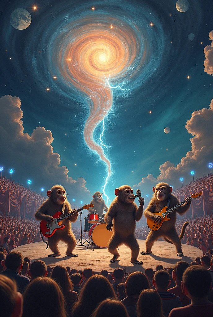 4 singes avec pour titre "The Hurricane", jouant de la guitare, une basse, de la batterie, un joueur d'harmonica avec un chanteur et un micro, avec une tornade des étoiles du vent un feu d'artifice, la foule, des éclairs, du rock n roll, la nuit, sur la Lune