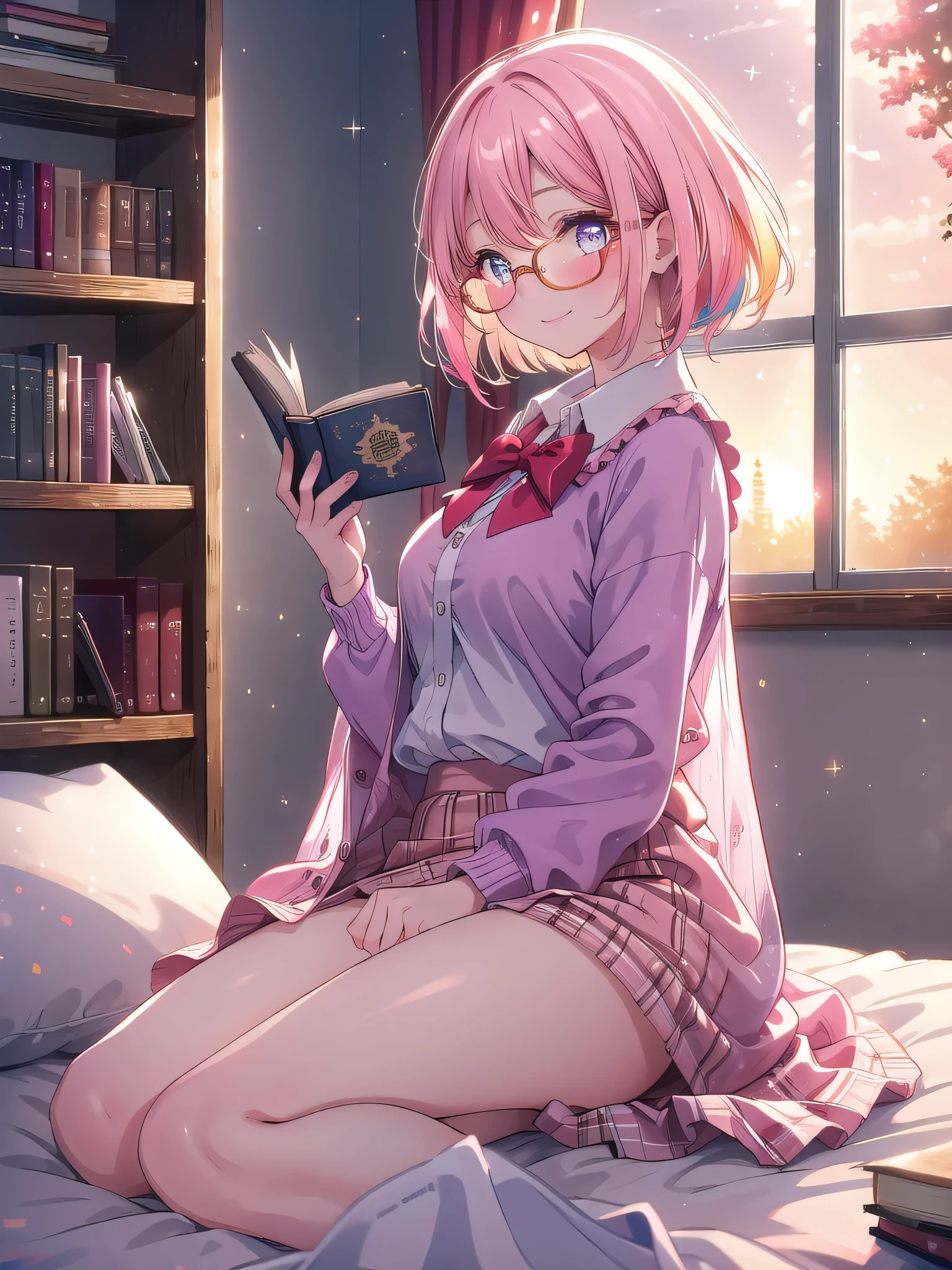 ((8k, Highest quality, masterpiece: 1.3)),Ultra-high resolution,(1 girl, alone), (Color changing eyes, Ultra-detailed, Expressive brilliance, Glitter, Glowing Eyes), Highly detailed eyes, Highly detailed face, Random Hair, ((pastel colour)),A lively young woman with pastel pink hair styled into a neat bob, sitting cross-legged on her bed in her softly lit bedroom during a golden hour evening. She is dressed in a modest yet subtly sexy librarian cosplay, wearing a pencil skirt, a fitted blouse, and stylish glasses. The camera captures her from a side angle as she grins while holding a book, her expression full of warmth and contentment. The room is warmly lit by the setting sun, with books neatly arranged on a nearby shelf, a cozy reading nook, and an inviting, intellectual atmosphere, (nsfw:1.3)