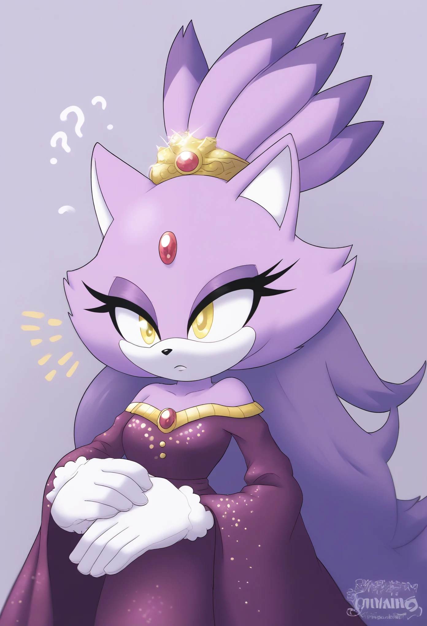(1girl), (solo), Female cat, light purple fur, Blaze the cat, (hair down), long hair, one large hair bang, yellow eyes, medium bust, long dress, flowing dress, fancy, princess, off shoulder sleeves, long white gloves, makeup, eyelashes, daytime, mobian, mobius city, confused, puzzled expression
