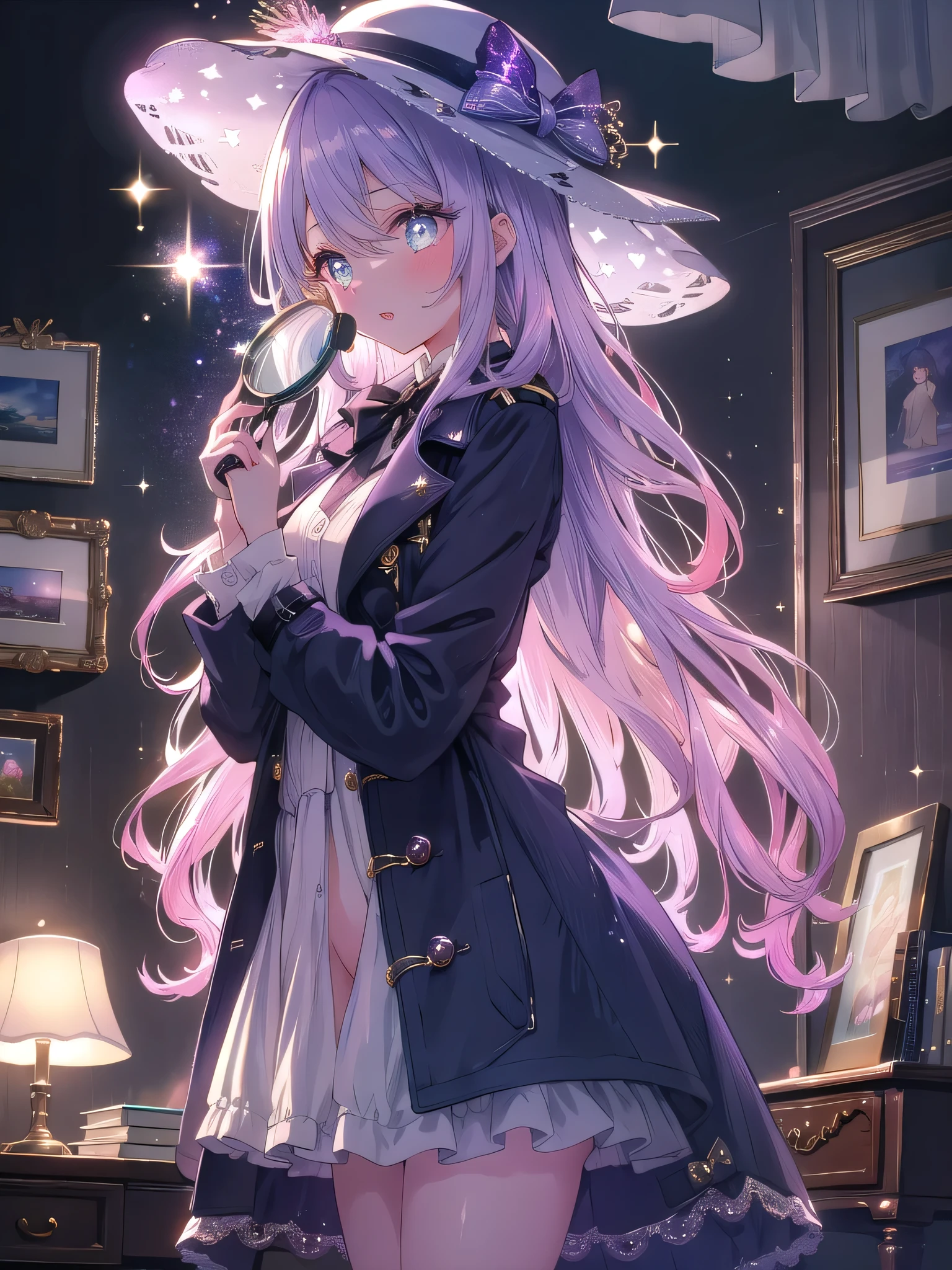 ((8k, Highest quality, masterpiece: 1.3)),Ultra-high resolution,(1 girl, alone), (Color changing eyes, Ultra-detailed, Expressive brilliance, Glitter, Glowing Eyes), Highly detailed eyes, Highly detailed face, Random Hair, ((pastel colour)),A lively young woman with pastel lavender hair styled into loose curls, standing near her desk in her softly lit bedroom during a quiet afternoon. She is dressed in a modest yet subtly sexy detective cosplay, wearing a tailored trench coat, a wide-brimmed hat, and a magnifying glass in hand. The camera captures her from a side angle as she strikes a playful pose with the magnifying glass held up to her eye, her expression full of curiosity and fun. The room is warmly lit by a desk lamp, with a few detective novels on the desk, a small bulletin board with pinned clues, and a mysterious, investigative atmosphere, (nsfw:1.3)