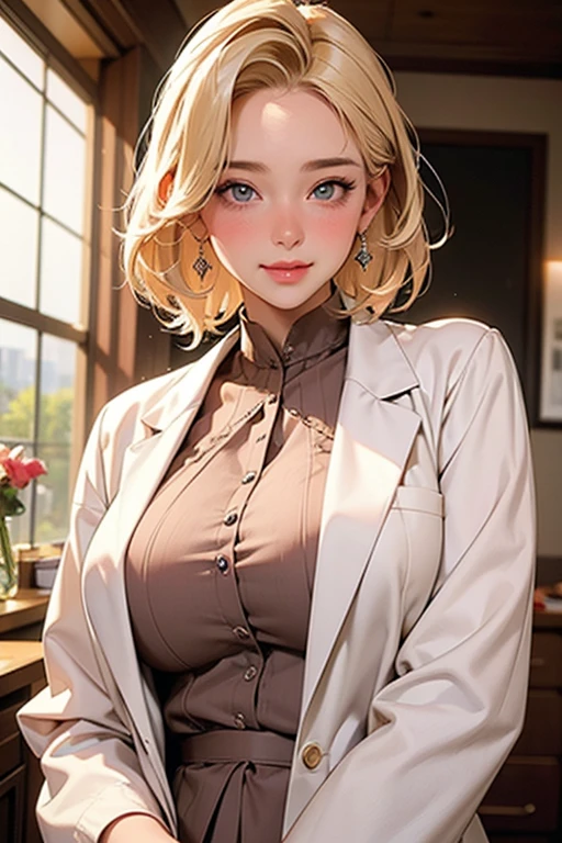 ((masterpiece)), ((Highest quality)), (detailed), Beautiful infirmary teacher big breasts, short blonde hair, skin visible through lab coat.photograph, beautiful detailed face, detailed eyes, (Embarrassing,blush:1.2), A light smile, Upper Body