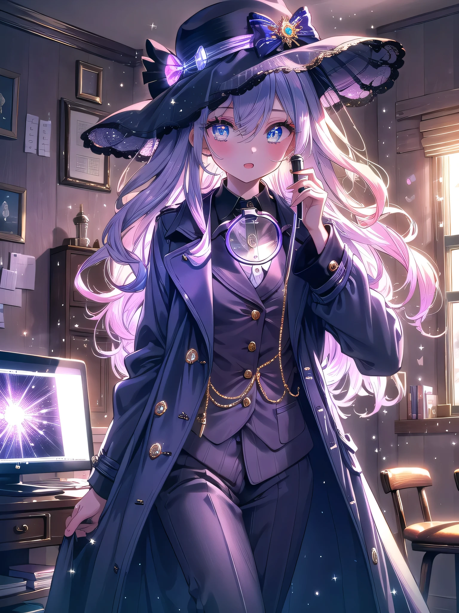 ((8k, Highest quality, masterpiece: 1.3)),Ultra-high resolution,(1 girl, alone), (Color changing eyes, Ultra-detailed, Expressive brilliance, Glitter, Glowing Eyes), Highly detailed eyes, Highly detailed face, Random Hair, ((pastel colour)),A lively young woman with pastel lavender hair styled into loose curls, standing near her desk in her softly lit bedroom during a quiet afternoon. She is dressed in a modest yet subtly sexy detective cosplay, wearing a tailored trench coat, a wide-brimmed hat, and a magnifying glass in hand. The camera captures her from a side angle as she strikes a playful pose with the magnifying glass held up to her eye, her expression full of curiosity and fun. The room is warmly lit by a desk lamp, with a few detective novels on the desk, a small bulletin board with pinned clues, and a mysterious, investigative atmosphere, (nsfw:1.3)