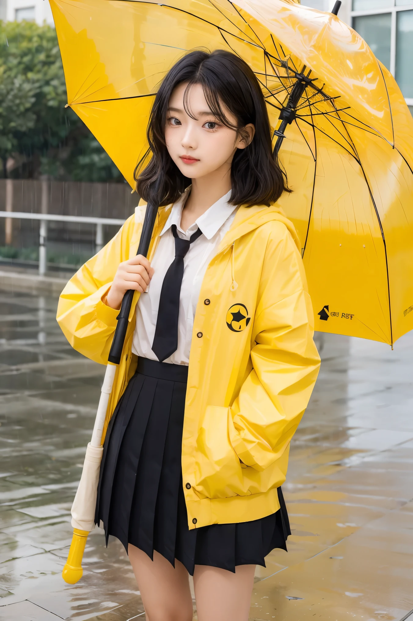 (((1 girl))), ((((alone)))), ((Messy Hairstyle)), Standing and taking pictures, (((I have black hair)), conjunctivitis, Korean  school girl, holding yellow an umbrella, rainy day