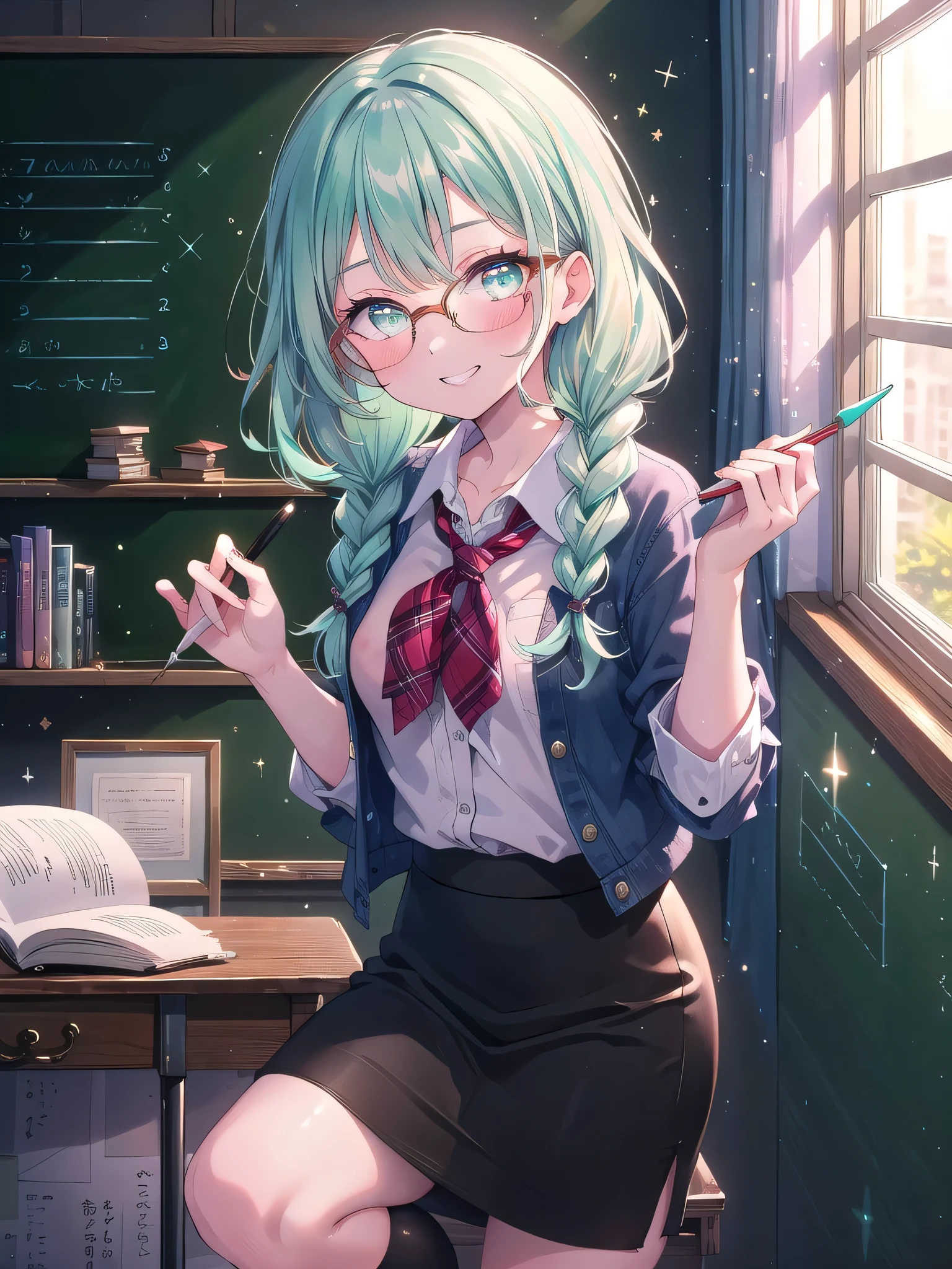((8k, Highest quality, masterpiece: 1.3)),Ultra-high resolution,(1 girl, alone), (Color changing eyes, Ultra-detailed, Expressive brilliance, Glitter, Glowing Eyes), Highly detailed eyes, Highly detailed face, Random Hair, ((pastel colour)),A lively young woman with pastel mint-green hair styled into twin braids, standing by her desk in her softly lit bedroom during a quiet afternoon. She is dressed in a modest yet subtly sexy schoolteacher cosplay, wearing a knee-length pencil skirt, a tucked-in blouse, and a pair of stylish glasses. The camera captures her from a frontal angle as she holds a chalkboard pointer with a playful grin, her expression full of warmth and approachability. The room is warmly lit by the afternoon sun, with a small bookshelf filled with books, a chalkboard on the wall, and a welcoming, educational atmosphere, (nsfw:1.3)