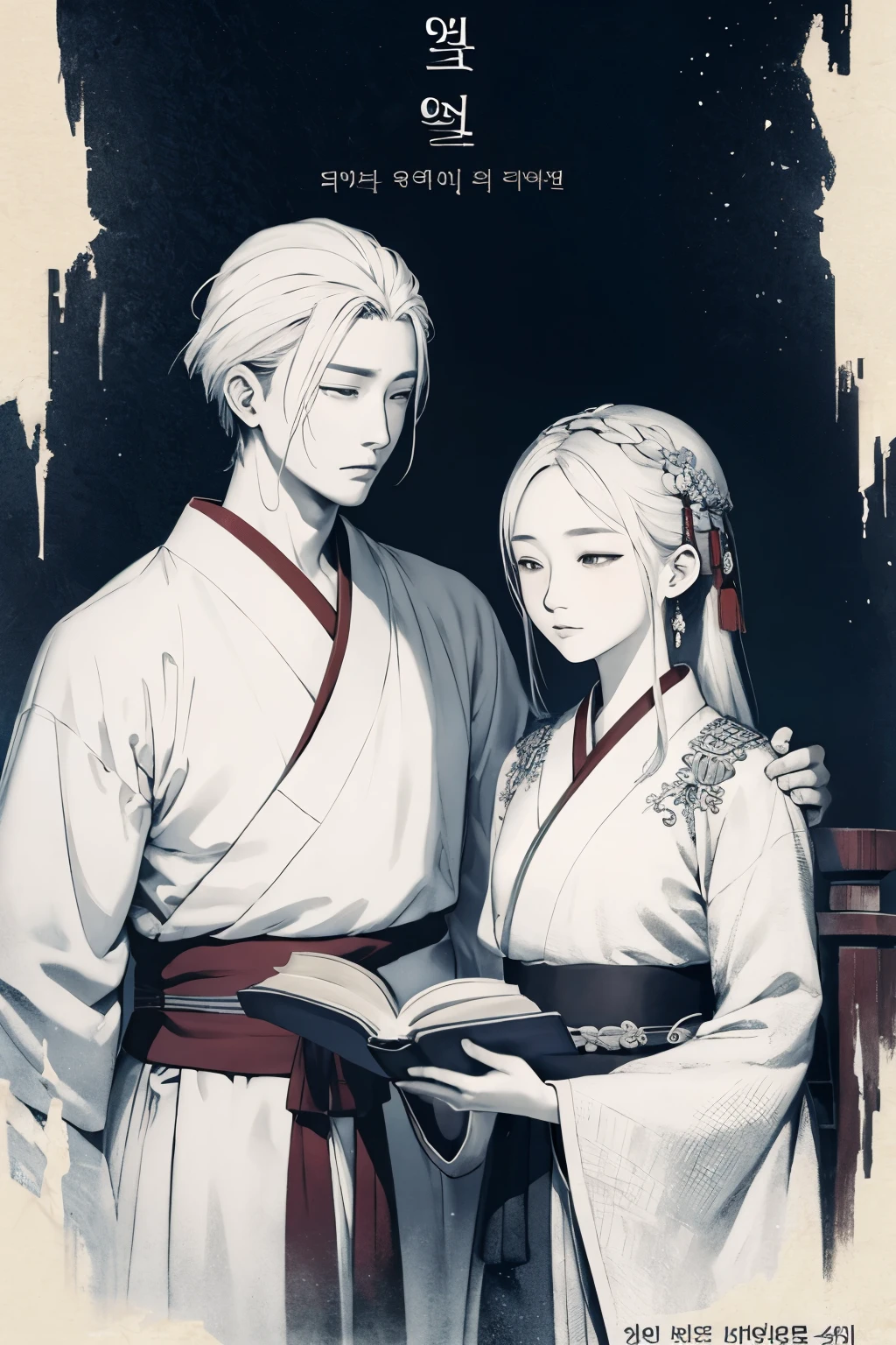 Ancient korean man, and woman, separation, sadness, darkness, kingdom nature, book cover