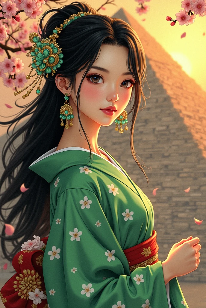 Ukiyo-e Horns of the beast beautiful girl Green kimono Earrings Background pyramid