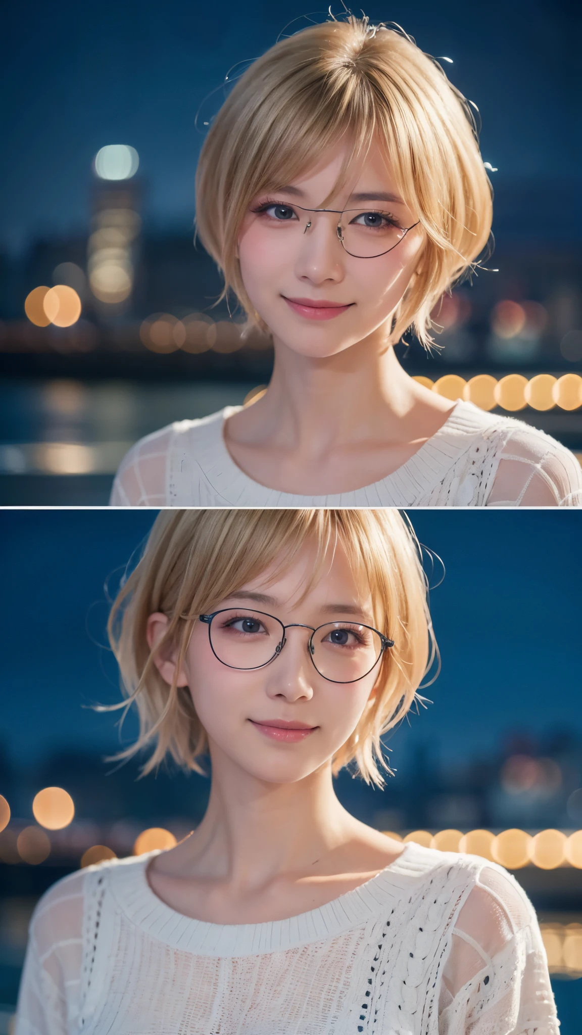 Japanese girl in casual clothes、Observe the audience、Tokyo cityscape at night、(highest quality、masterpiece)))、HD Fine、Very detailed、masterpiece、Cinema Lighting、(8k、highest quality、masterpiece:1.2)、(Realistic、Realistic:1.37) High resolution、Very detailed、Woman wearing glasses、A look of silence、Round Glasses、Asian, cute, cute顔, alone,Blonde Short Hair 1.2, Textured skin, Beautiful smile, Beautifully detailed night sky, Night view, Cinema Lighting, Written boundary depth, Lens flare light、date、(Blushing your nose)、、(Mouth closed)Small breasts、A beautiful eye for detail、(sweater:1.1)、(Blonde Short Hair:1.2)、Floating Hair Nova Frog Style、