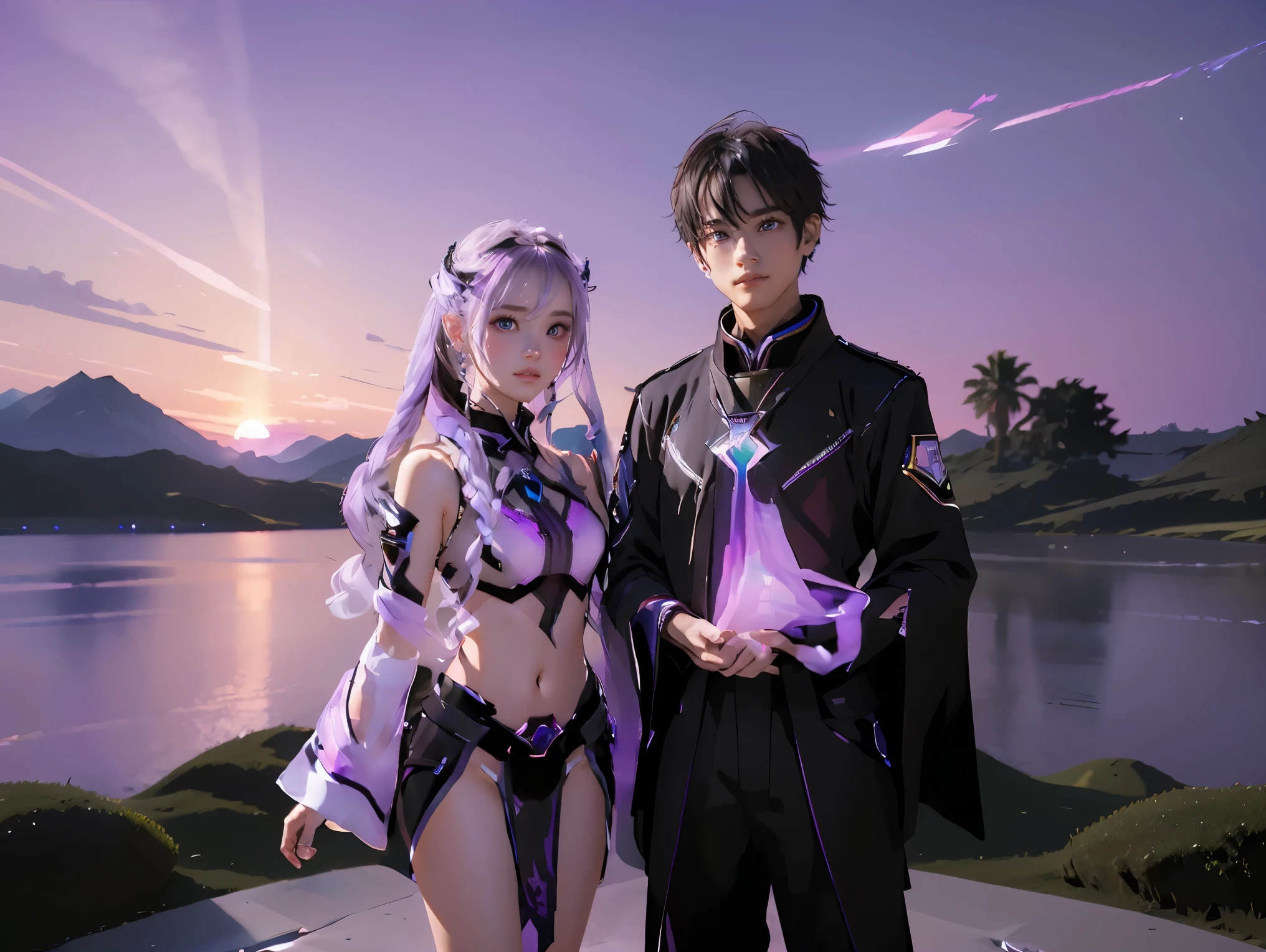 ((masterpiece, best quality, extremely detailed), volumetric lighting, ambient occlusion, colorful, glowing), a boy and a girl, (purple white gradient long hair), halo, aura, sacred, goddess,, (black outfit:1.3),
outdoors, sunset, sky, clouds, space, ((a couple shot)),