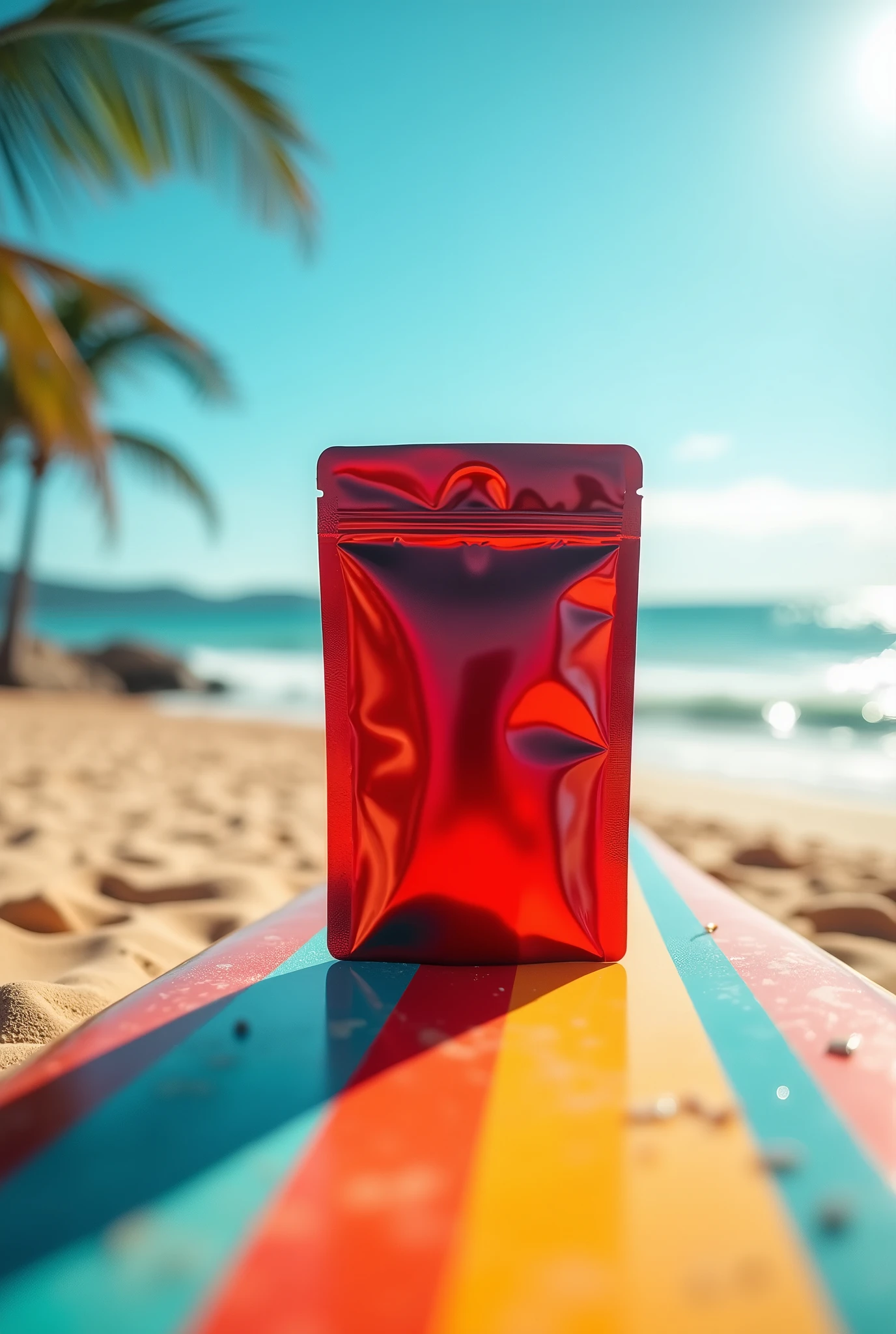 a red metalic retangular supplement sachet overt a surfboard with a beach with sand and blue ocean background
