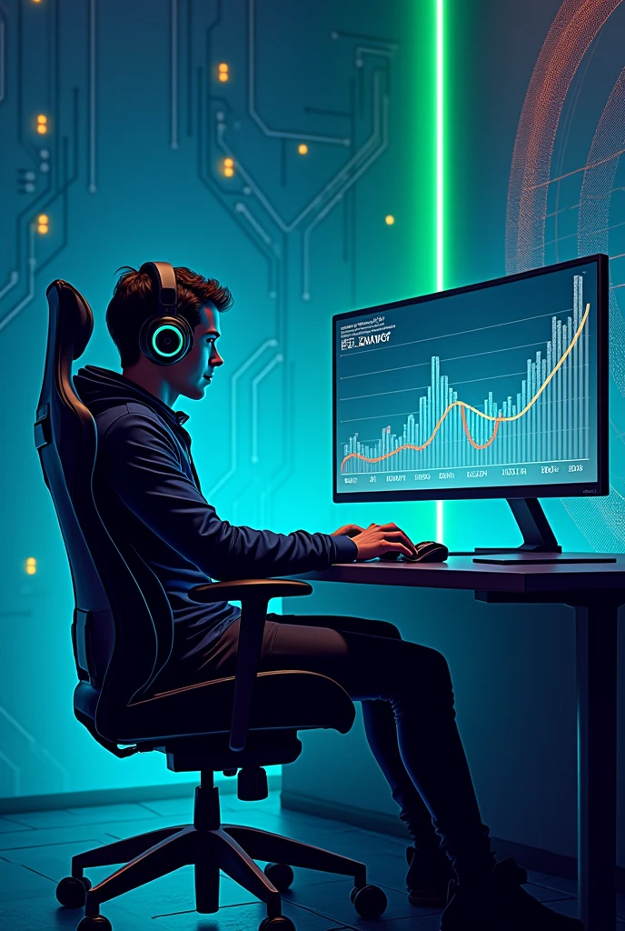 An illustration of a player in front of a screen with a high performance graph, Symbolizing the rise in the gaming experience, with visual elements that evoke speed and safety.