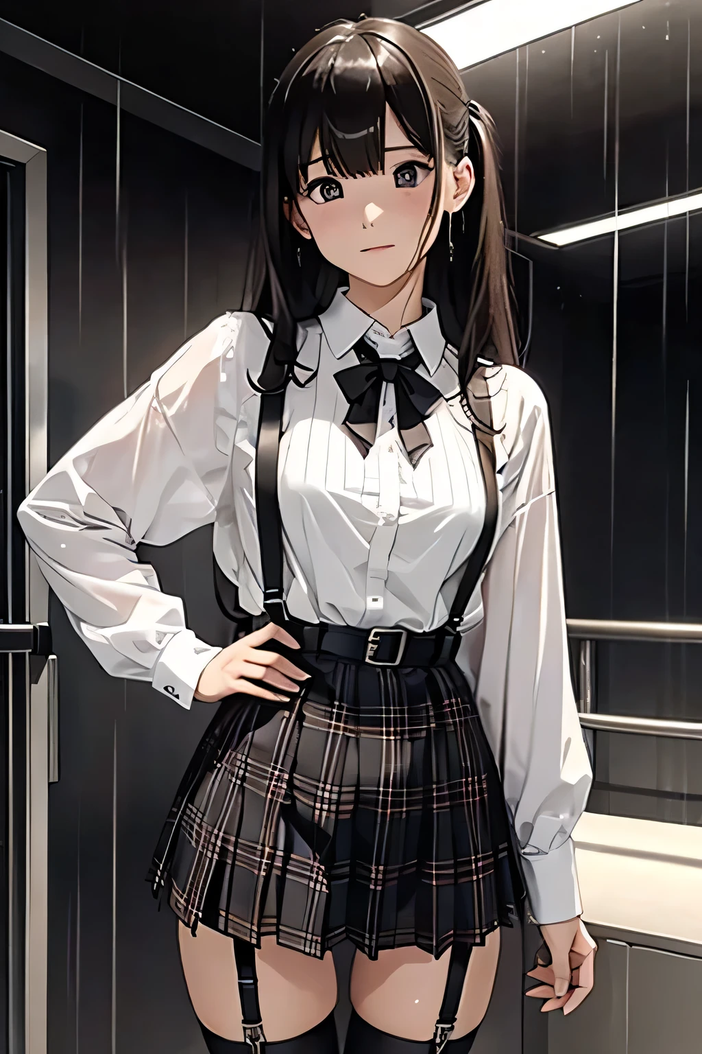 1 female, , high quality, masterpiece, Ultra-high resolution, Cinema Lighting, 1 female, , high quality, masterpiece, Ultra-high resolution, , Cinema Lighting, suspenders Moderate breasts Small face Looking up Sweat Thin belt buzzer 脇Sweat garter belt Belt on pants holster Hands behind your back Looking up Anxious face Knee-high Knee socks Knee-highソックス garter ふとももにgarter belt Checkered mini skirt Panty shot Skirt gap Armament holster holster Hands behind your back Anxious expression Anxious face, legs apart Armament Leg Holster holster See-through clothing heavy rain Rain-soaked dress shirt,Moderate breasts ガーターbelt suspenders Garter on the thigh Checkered mini skirt Looking up Pause belt Armpit sweat Hands behind back Raise your hands