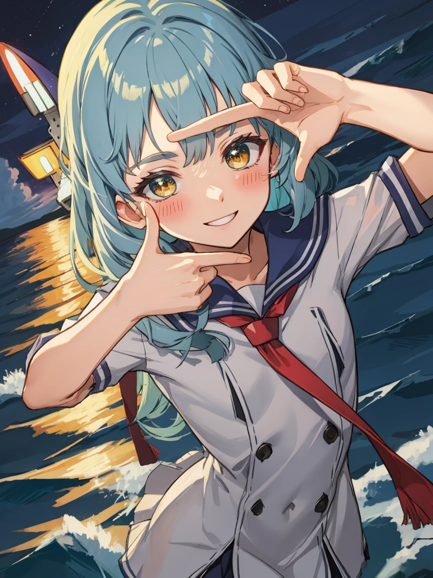 Portrait, official art, best masterpiece, best quality, best resolution, 8K, best detailed, perfect anatomy
BREAK
(bust up shot), finger frame, (Hair fluttering in the wind), facing to viewer,
BREAK
(smile), blush, happy
BREAK
murakumo (kancolle), long hair, dress, sailor dress, amber color eyes, grey hair, red necktie, ribbon, hair ribbon, sailor collar, bangs, sidelocks, white dress, tress ribbon, blue sailor collar, 1gilr , solo, (small breasts:1.2)
BREAK
(night, midnight, darkness:1.3), (sea, on the sea, sky), dust, dust, light particles very fine and detailed 16KCG wallpapersrs