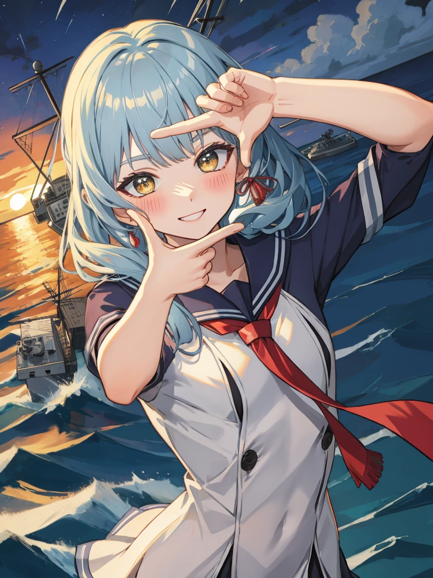 Portrait, official art, best masterpiece, best quality, best resolution, 8K, best detailed, perfect anatomy
BREAK
(bust up shot), finger frame, (Hair fluttering in the wind), facing to viewer,
BREAK
(smile), blush, happy
BREAK
murakumo (kancolle), long hair, dress, sailor dress, amber color eyes, grey hair, red necktie, ribbon, hair ribbon, sailor collar, bangs, sidelocks, white dress, tress ribbon, blue sailor collar, 1gilr , solo, (small breasts:1.2)
BREAK
(night, midnight, darkness:1.3), (sea, on the sea, sky), dust, dust, light particles very fine and detailed 16KCG wallpapersrs