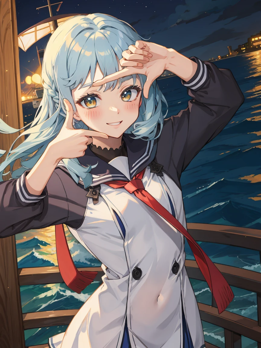 Portrait, official art, best masterpiece, best quality, best resolution, 8K, best detailed, perfect anatomy
BREAK
(bust up shot), finger frame, (Hair fluttering in the wind), facing to viewer,
BREAK
(smile), blush, happy
BREAK
murakumo (kancolle), long hair, dress, sailor dress, amber color eyes, grey hair, red necktie, ribbon, hair ribbon, sailor collar, bangs, sidelocks, white dress, tress ribbon, blue sailor collar, 1gilr , solo, (small breasts:1.2)
BREAK
(night, midnight, darkness:1.3), (sea, on the sea, sky), dust, dust, light particles very fine and detailed 16KCG wallpapersrs