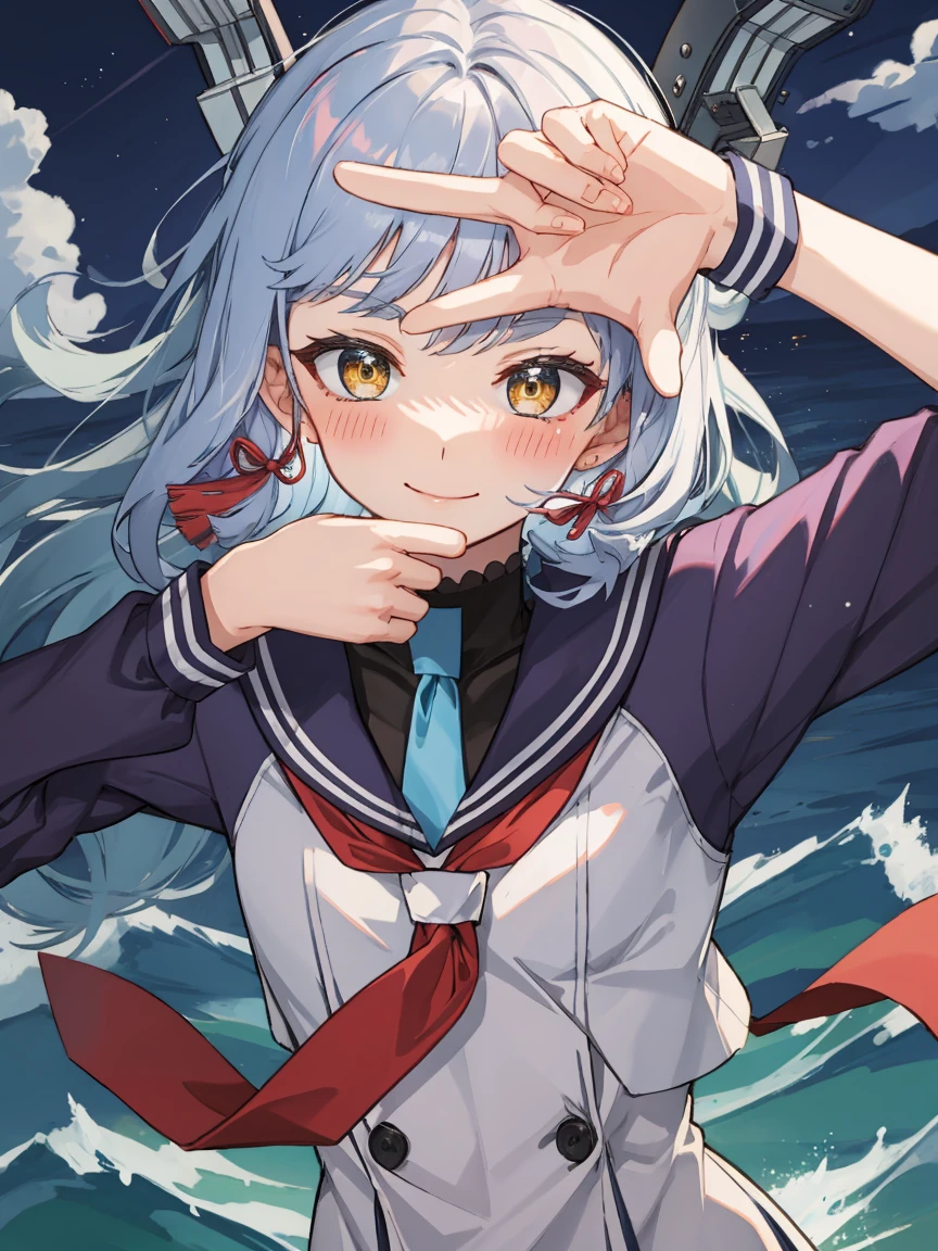 Portrait, official art, best masterpiece, best quality, best resolution, 8K, best detailed, perfect anatomy
BREAK
(bust up shot), finger frame, (Hair fluttering in the wind), facing to viewer,
BREAK
(smile), blush, happy
BREAK
murakumo (kancolle), long hair, dress, sailor dress, amber color eyes, grey hair, red necktie, ribbon, hair ribbon, sailor collar, bangs, sidelocks, white dress, tress ribbon, blue sailor collar, 1gilr , solo, (small breasts:1.2)
BREAK
(night, midnight, darkness:1.3), (sea, on the sea, sky), dust, dust, light particles very fine and detailed 16KCG wallpapersrs