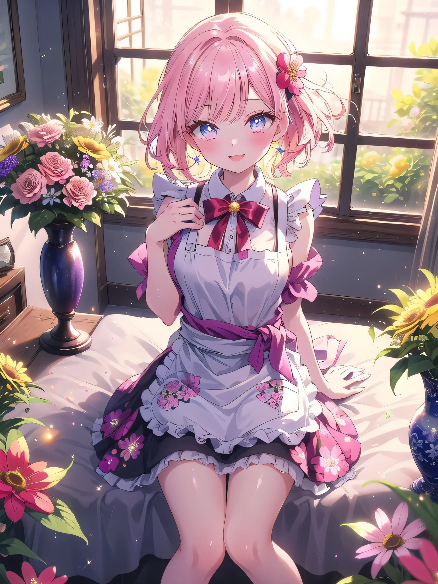((8k, Highest quality, masterpiece: 1.3)),Ultra-high resolution,(1 girl, alone), (Color changing eyes, Ultra-detailed, Expressive brilliance, Glitter, Glowing Eyes), Highly detailed eyes, Highly detailed face, Random Hair, ((pastel colour)),A cheerful young woman with pastel pink hair styled into loose waves, sitting on the floor of her brightly lit bedroom during a sunny morning. She is dressed in a cute yet subtly sexy flower shop assistant cosplay, wearing a simple sundress with a floral print and an apron tied around her waist. The camera captures her from a slightly elevated angle as she smiles warmly while arranging a bouquet of flowers, her expression full of care and creativity. The room is bathed in natural sunlight, with vases of fresh flowers on a nearby table, a few gardening tools scattered around, and a fragrant, blooming atmosphere, (nsfw:1.3)