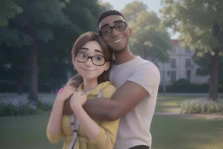there is a man and woman hugging in the park, smiling couple, happy couple, couples portrait, couple portrait, mix of ethnicities and genders, woman hugging woman from back, stock photo, diverse, istock, couple pose, portrait of two people, mixed art, attractive photo, stock image, amazing depth, artistic interpretation, bright sunny day, only is wearing eyesight glasses, girl wears yellow thin straps top, woman is wearing no glasses,
